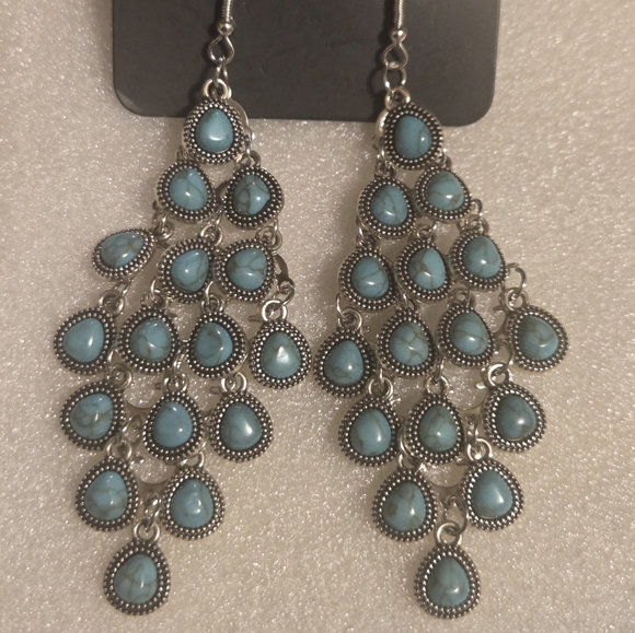 Silver and Turqouise Stone Teardrop Earrings - Picture 2 of 3